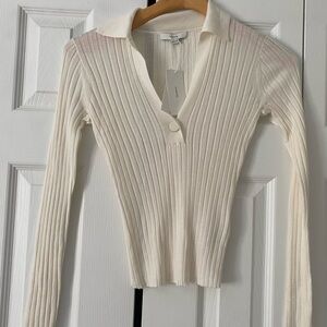 Vince Cream Ribbed Polo Knit Top